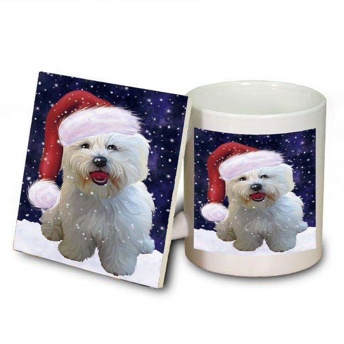 Let it Snow Christmas Holiday Bichon Frise Dog Wearing Santa Hat Mug and Coaster Set
