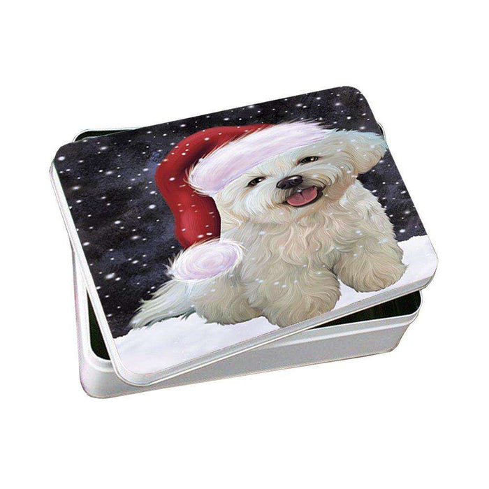 Let it Snow Christmas Holiday Bichon Frise Dog Wearing Santa Hat Photo Storage Tin