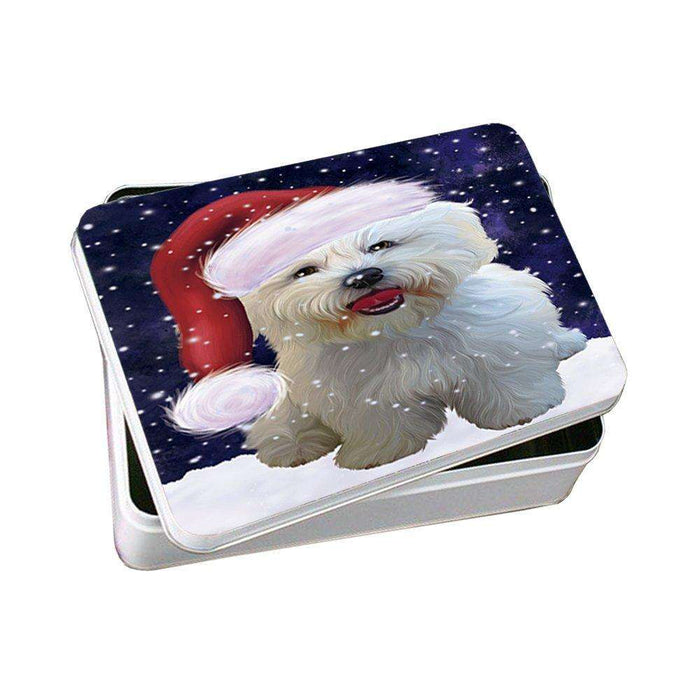 Let it Snow Christmas Holiday Bichon Frise Dog Wearing Santa Hat Photo Storage Tin