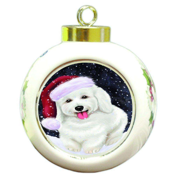 Let it Snow Christmas Holiday Bichon Frise Dog Wearing Santa Hat Round Ball Ornament D314