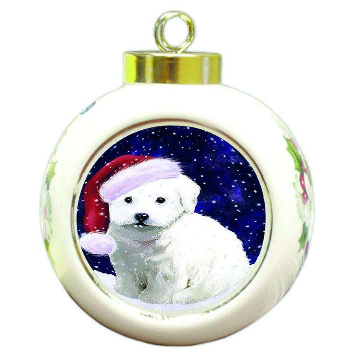 Let it Snow Christmas Holiday Bichon Frise Dog Wearing Santa Hat Round Ball Ornament D315