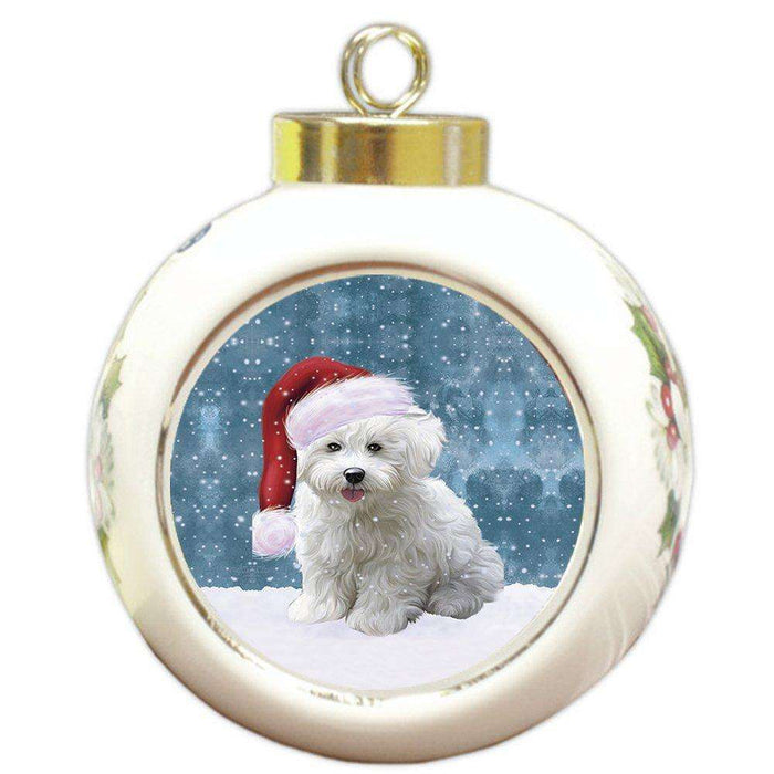 Let it Snow Christmas Holiday Bichon Frise Dog Wearing Santa Hat Round Ball Ornament