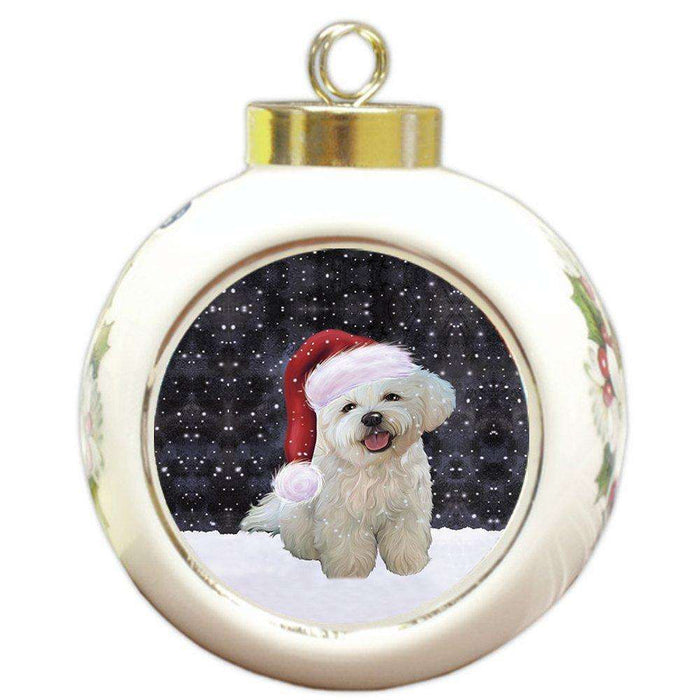 Let it Snow Christmas Holiday Bichon Frise Dog Wearing Santa Hat Round Ball Ornament