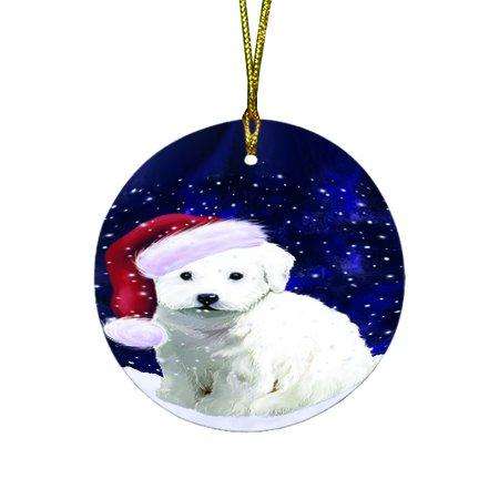 Let it Snow Christmas Holiday Bichon Frise Dog Wearing Santa Hat Round Ornament D315