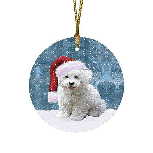 Let it Snow Christmas Holiday Bichon Frise Dog Wearing Santa Hat Round Ornament