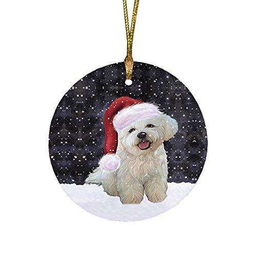 Let it Snow Christmas Holiday Bichon Frise Dog Wearing Santa Hat Round Ornament