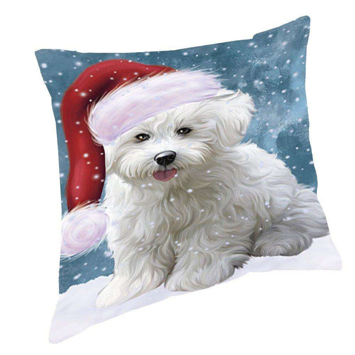 Let it Snow Christmas Holiday Bichon Frise Dog Wearing Santa Hat Throw Pillow