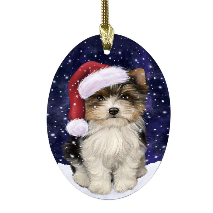 Let it Snow Christmas Holiday Biewer Dog Oval Glass Christmas Ornament OGOR48921