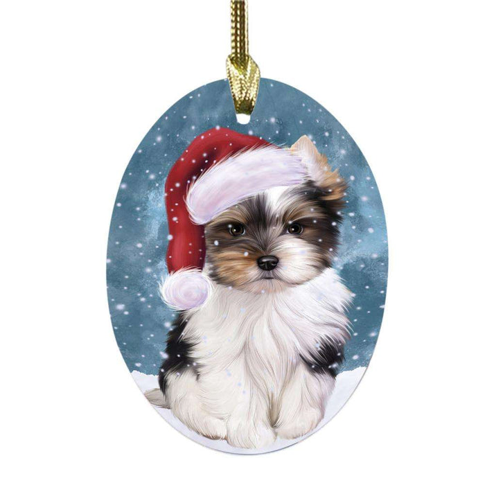 Let it Snow Christmas Holiday Biewer Dog Oval Glass Christmas Ornament OGOR48922
