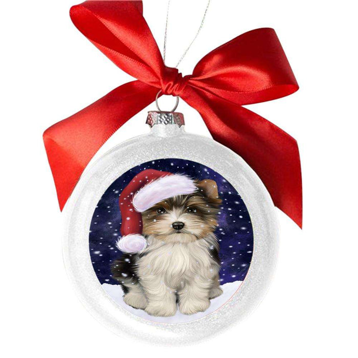Let it Snow Christmas Holiday Biewer Dog White Round Ball Christmas Ornament WBSOR48921