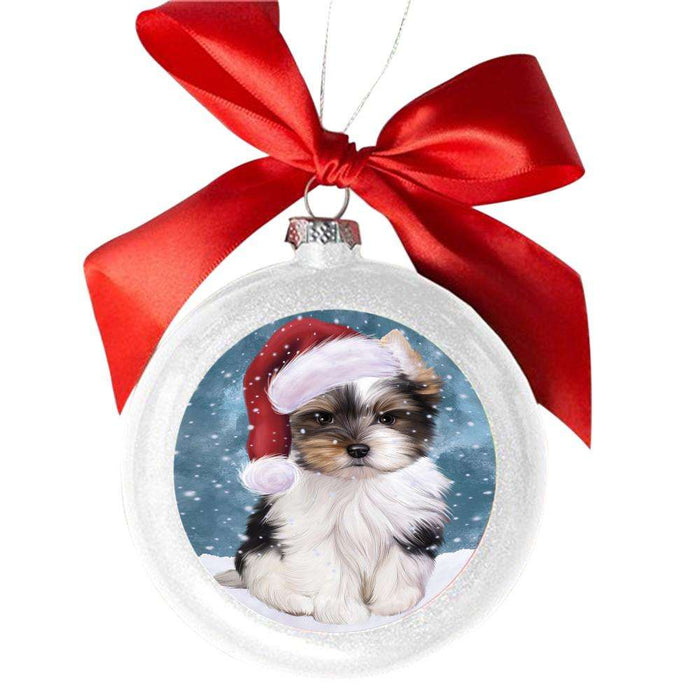 Let it Snow Christmas Holiday Biewer Dog White Round Ball Christmas Ornament WBSOR48922