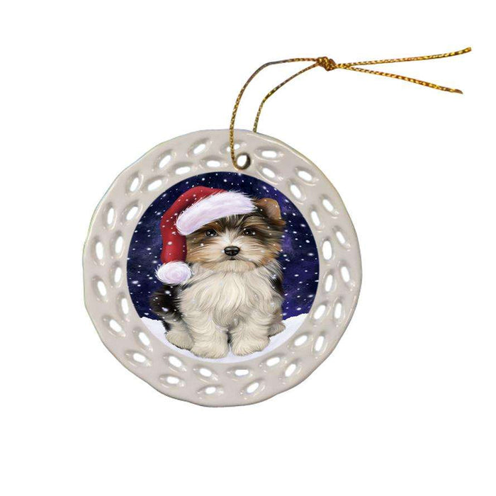 Let it Snow Christmas Holiday Biewer Terrier Dog Wearing Santa Hat Ceramic Doily Ornament DPOR54280