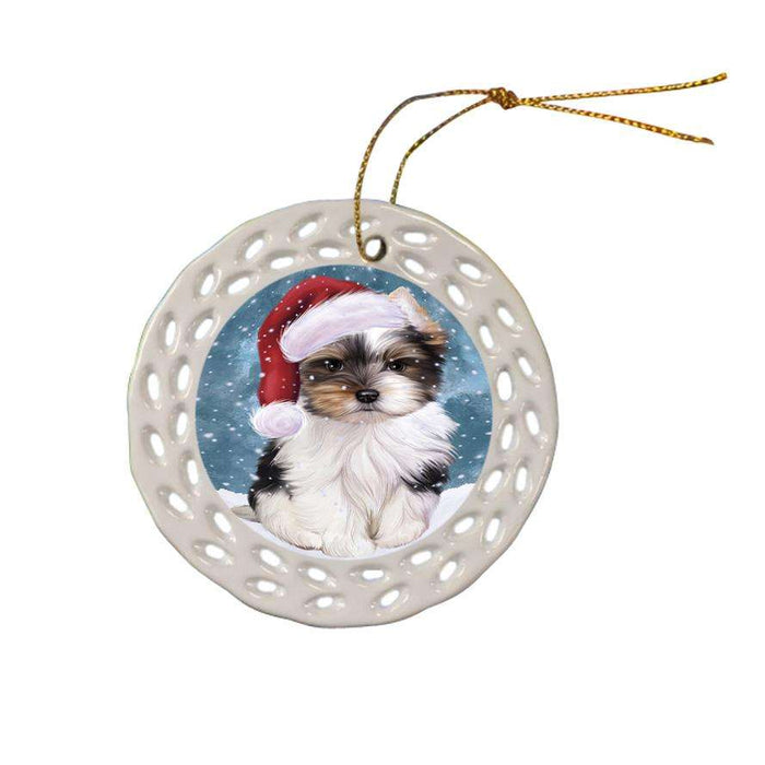Let it Snow Christmas Holiday Biewer Terrier Dog Wearing Santa Hat Ceramic Doily Ornament DPOR54281