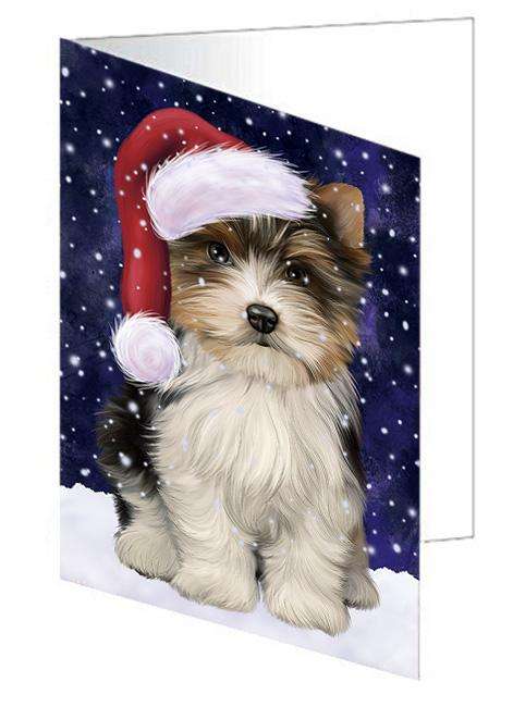 Let it Snow Christmas Holiday Biewer Terrier Dog Wearing Santa Hat Handmade Artwork Assorted Pets Greeting Cards and Note Cards with Envelopes for All Occasions and Holiday Seasons GCD66869