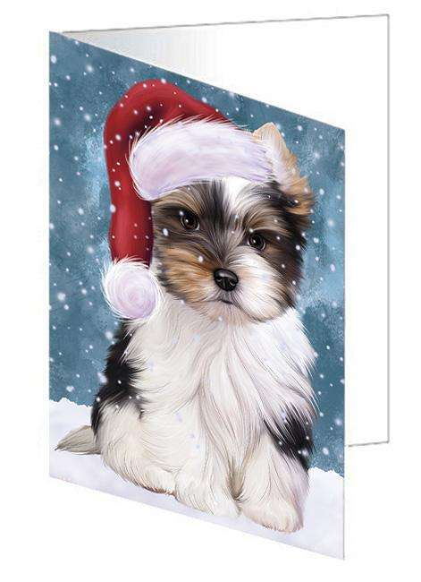 Let it Snow Christmas Holiday Biewer Terrier Dog Wearing Santa Hat Handmade Artwork Assorted Pets Greeting Cards and Note Cards with Envelopes for All Occasions and Holiday Seasons GCD66872