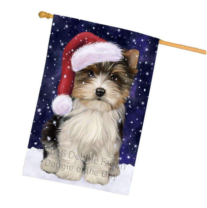 Let it Snow Christmas Holiday Biewer Terrier Dog Wearing Santa Hat House Flag FLG54478