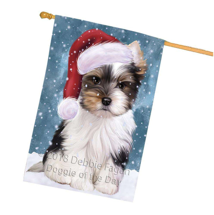 Let it Snow Christmas Holiday Biewer Terrier Dog Wearing Santa Hat House Flag FLG54479