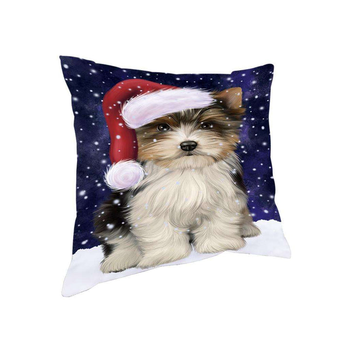 Let it Snow Christmas Holiday Biewer Terrier Dog Wearing Santa Hat Pillow PIL73744