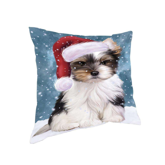 Let it Snow Christmas Holiday Biewer Terrier Dog Wearing Santa Hat Pillow PIL73748