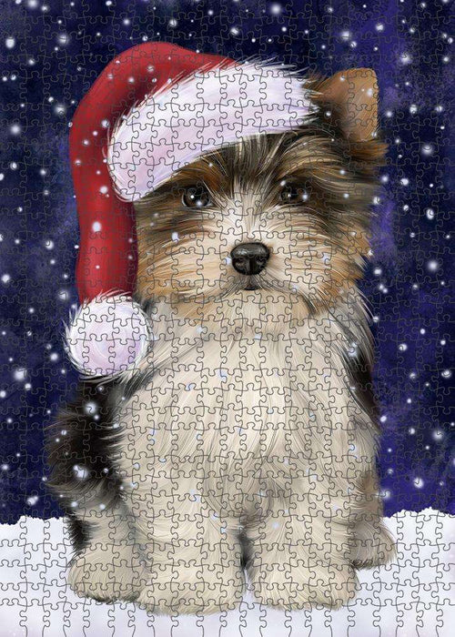 Let it Snow Christmas Holiday Biewer Terrier Dog Wearing Santa Hat Puzzle with Photo Tin PUZL84276