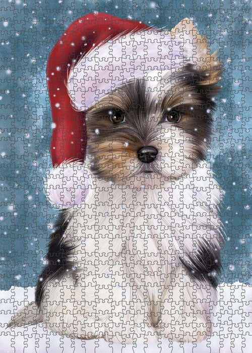Let it Snow Christmas Holiday Biewer Terrier Dog Wearing Santa Hat Puzzle with Photo Tin PUZL84280