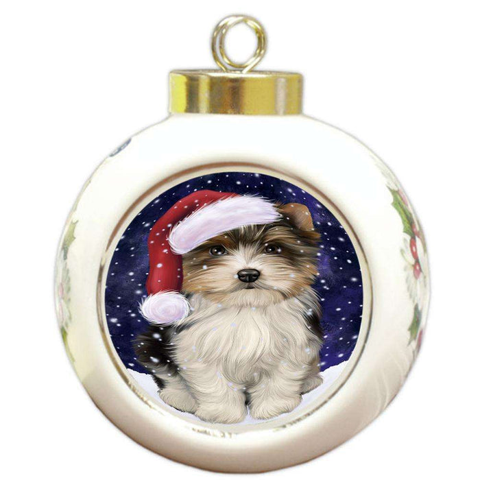 Let it Snow Christmas Holiday Biewer Terrier Dog Wearing Santa Hat Round Ball Christmas Ornament RBPOR54280