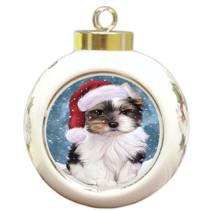 Let it Snow Christmas Holiday Biewer Terrier Dog Wearing Santa Hat Round Ball Christmas Ornament RBPOR54281