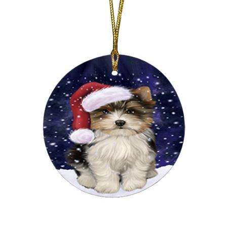 Let it Snow Christmas Holiday Biewer Terrier Dog Wearing Santa Hat Round Flat Christmas Ornament RFPOR54271
