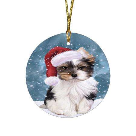 Let it Snow Christmas Holiday Biewer Terrier Dog Wearing Santa Hat Round Flat Christmas Ornament RFPOR54272