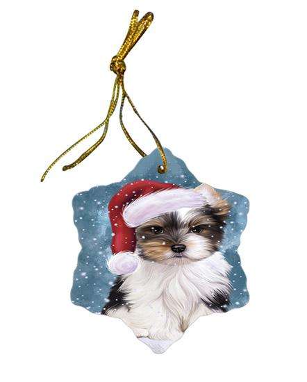 Let it Snow Christmas Holiday Biewer Terrier Dog Wearing Santa Hat Star Porcelain Ornament SPOR54272