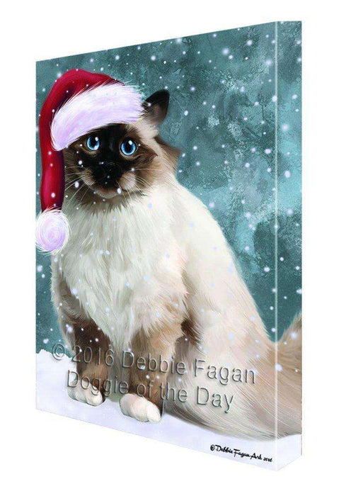 Let it Snow Christmas Holiday Birman Cat Wearing Santa Hat Canvas Wall Art