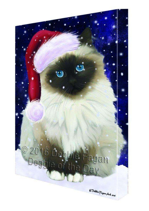 Let it Snow Christmas Holiday Birman Cat Wearing Santa Hat Canvas Wall Art