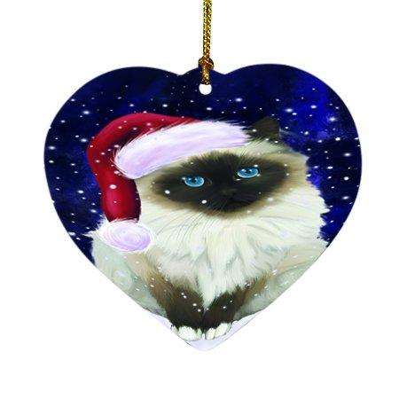 Let it Snow Christmas Holiday Birman Cat Wearing Santa Hat Heart Ornament D316