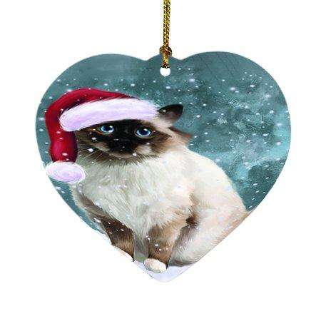 Let it Snow Christmas Holiday Birman Cat Wearing Santa Hat Heart Ornament D317