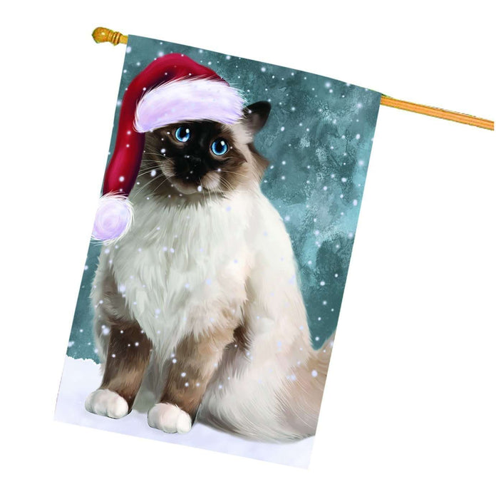 Let it Snow Christmas Holiday Birman Cat Wearing Santa Hat House Flag