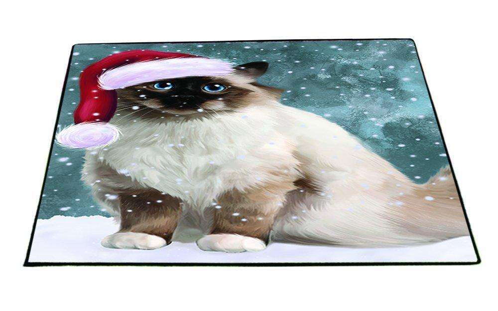 Let it Snow Christmas Holiday Birman Cat Wearing Santa Hat Indoor/Outdoor Floormat