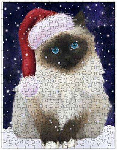 Let it Snow Christmas Holiday Birman Cat Wearing Santa Hat Puzzle with Photo Tin
