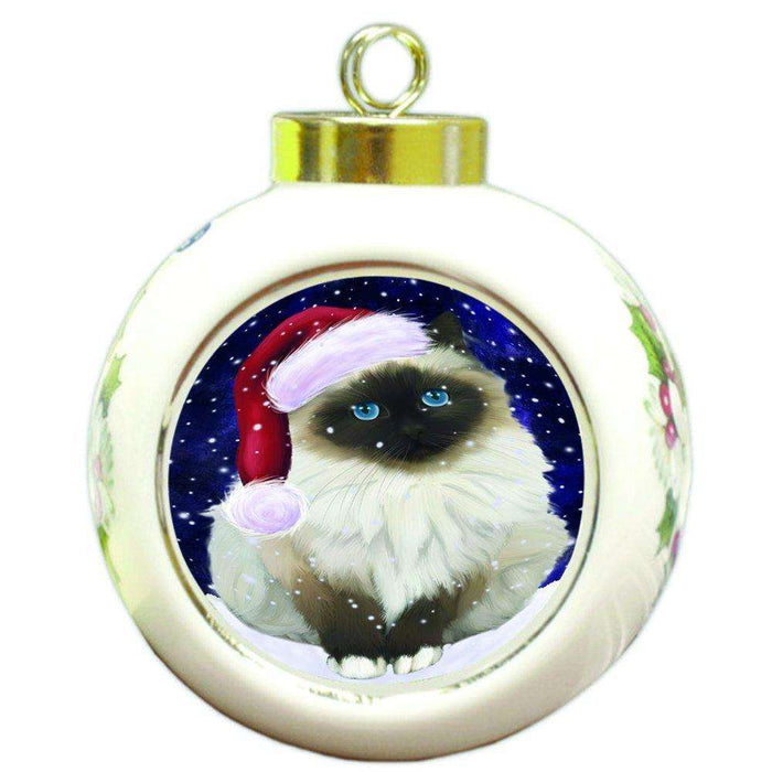 Let it Snow Christmas Holiday Birman Cat Wearing Santa Hat Round Ball Ornament D316
