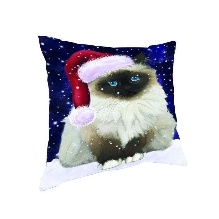 Let it Snow Christmas Holiday Birman Cat Wearing Santa Hat Throw Pillow