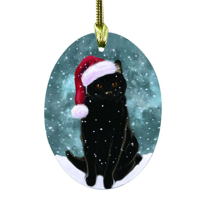 Let it Snow Christmas Holiday Black Cat Oval Glass Christmas Ornament OGOR48461