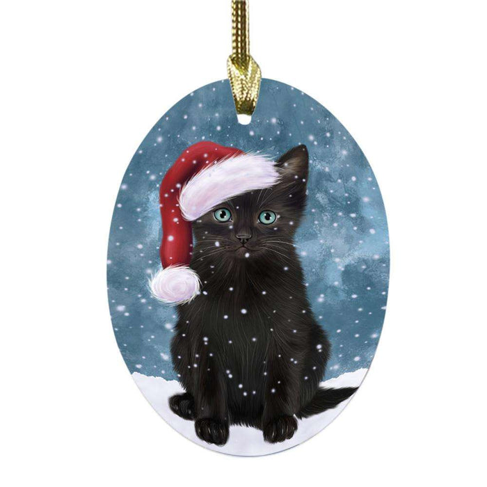 Let it Snow Christmas Holiday Black Cat Oval Glass Christmas Ornament OGOR48925
