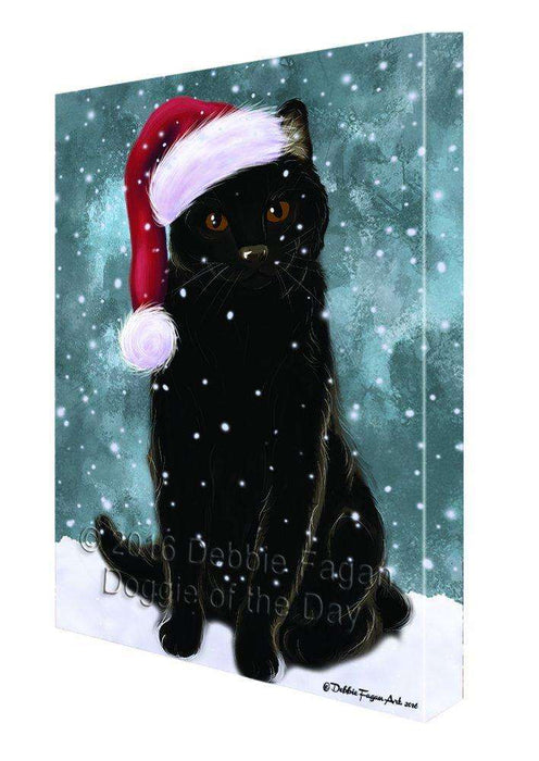 Let it Snow Christmas Holiday Black Cat Wearing Santa Hat Canvas Wall Art
