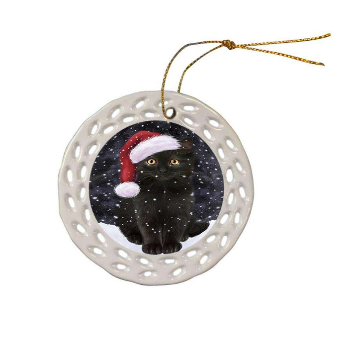 Let it Snow Christmas Holiday Black Cat Wearing Santa Hat Ceramic Doily Ornament DPOR54282