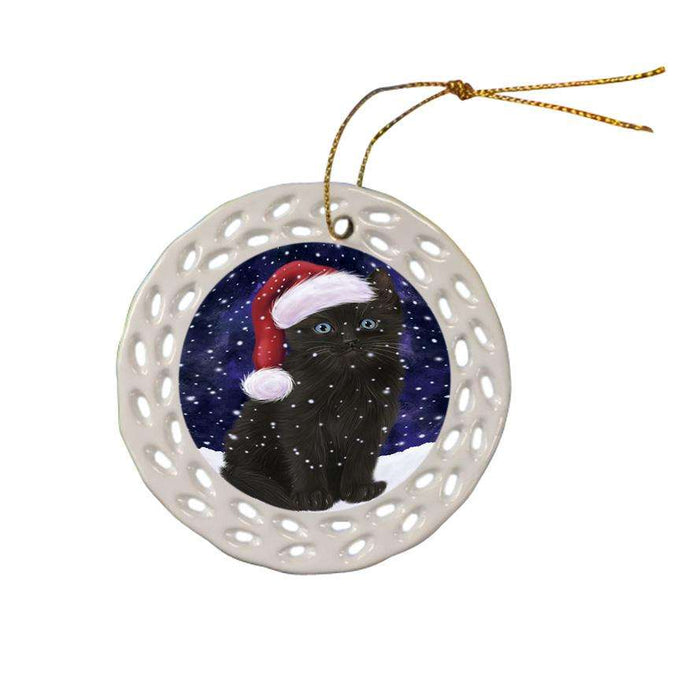 Let it Snow Christmas Holiday Black Cat Wearing Santa Hat Ceramic Doily Ornament DPOR54283