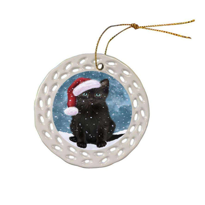 Let it Snow Christmas Holiday Black Cat Wearing Santa Hat Ceramic Doily Ornament DPOR54284
