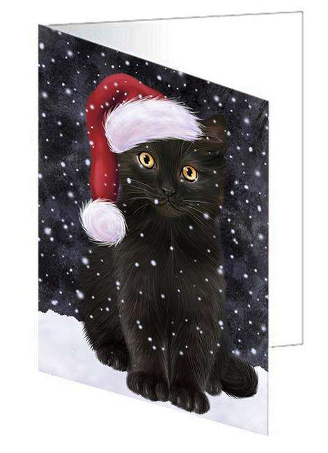 Let it Snow Christmas Holiday Black Cat Wearing Santa Hat Handmade Artwork Assorted Pets Greeting Cards and Note Cards with Envelopes for All Occasions and Holiday Seasons GCD66875