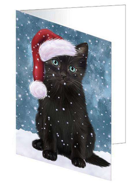 Let it Snow Christmas Holiday Black Cat Wearing Santa Hat Handmade Artwork Assorted Pets Greeting Cards and Note Cards with Envelopes for All Occasions and Holiday Seasons GCD66881