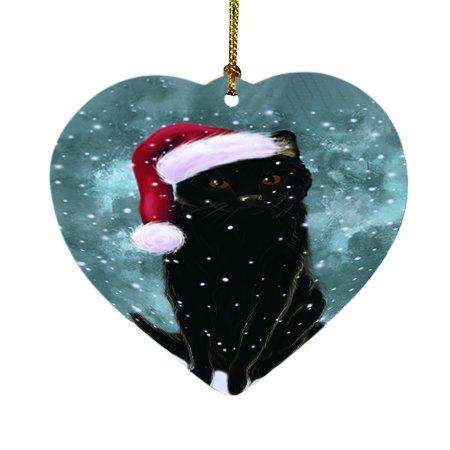 Let it Snow Christmas Holiday Black Cat Wearing Santa Hat Heart Ornament D319