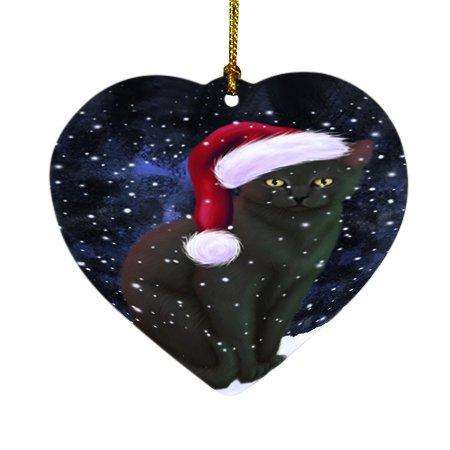 Let it Snow Christmas Holiday Black Cat Wearing Santa Hat Heart Ornament D320