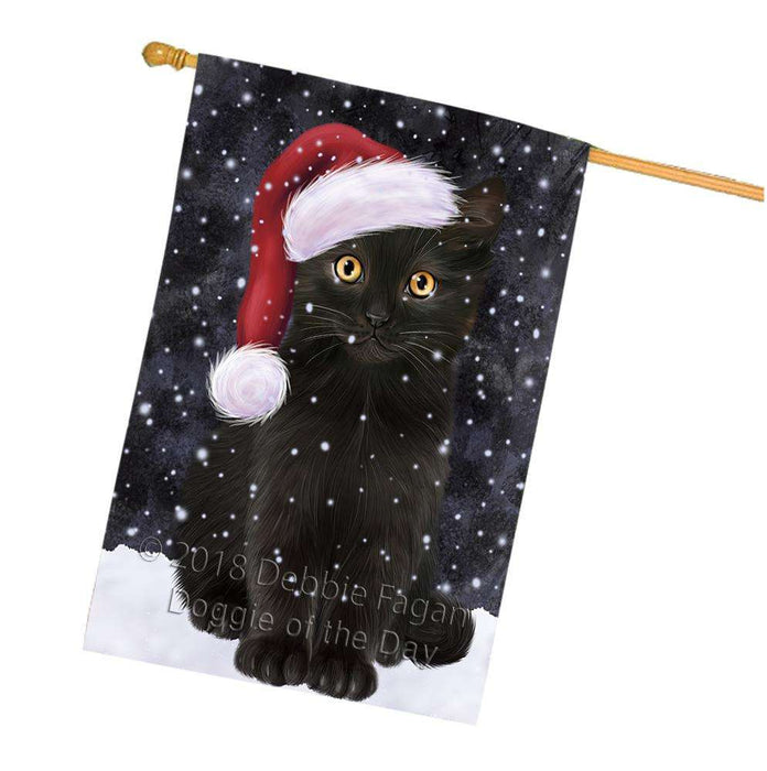 Let it Snow Christmas Holiday Black Cat Wearing Santa Hat House Flag FLG54480